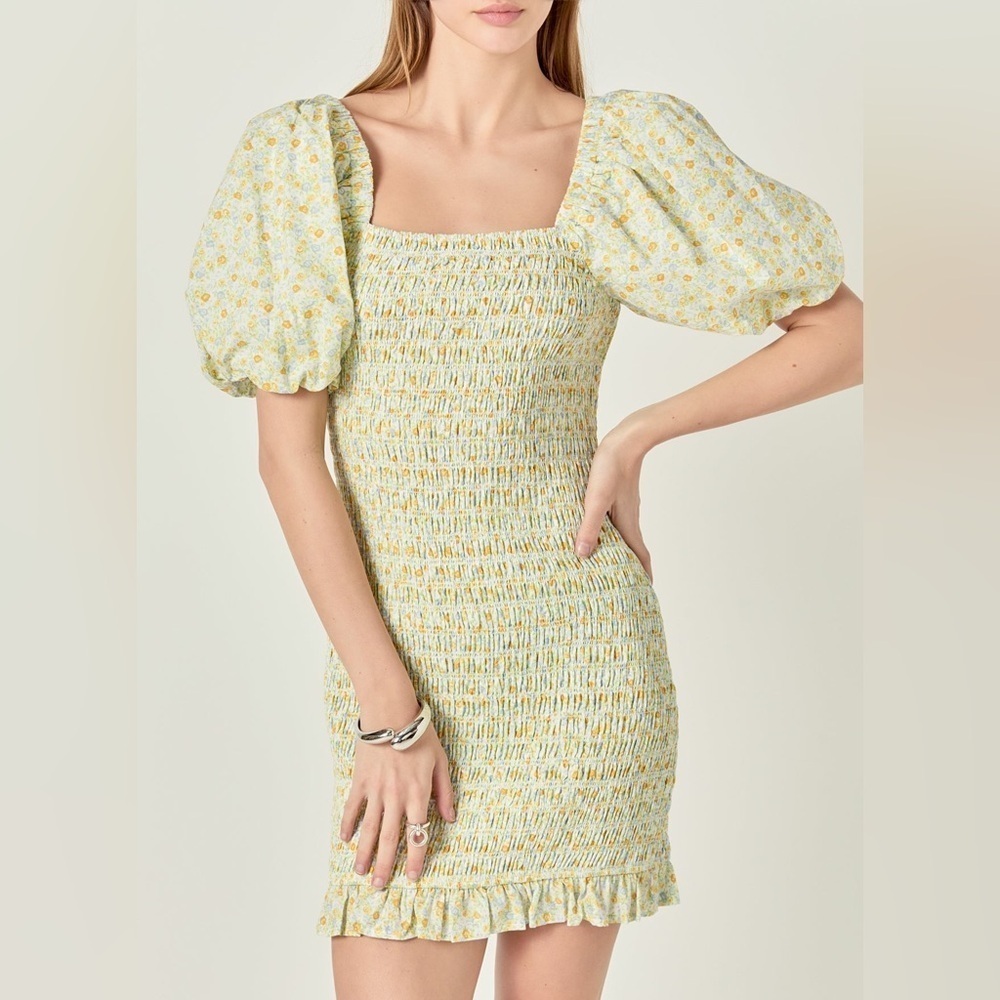 English Factory Size Small Smocked Floral Puff Sleeve Mini Dress Yellow New